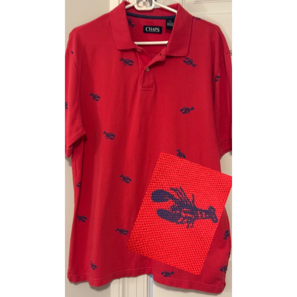 Chaps Ralph Lauren Lobster Print Polo‎ Shirt Red Navy Preppy Coastal Size L